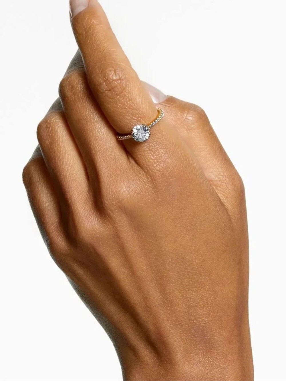 14K Gold Solitaire Ring with Round Clear Stone - Gold